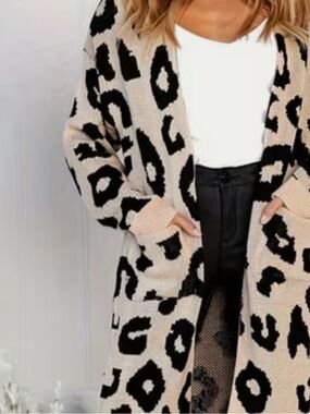 Leopard Print Open-Front Cardigan Sweater - Black on Taupe large